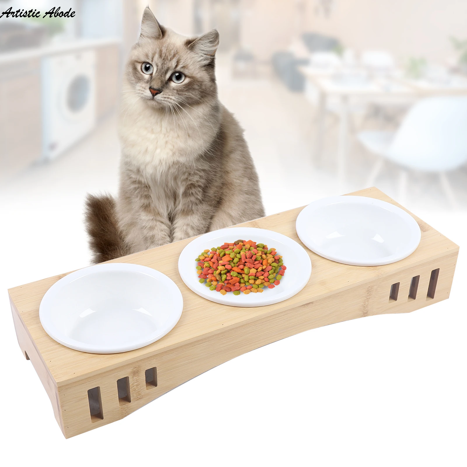 Cat Bowl And Water 3-bowl Feeding Station Slide Solid Cat Accessories With Raised BamBoo Stand