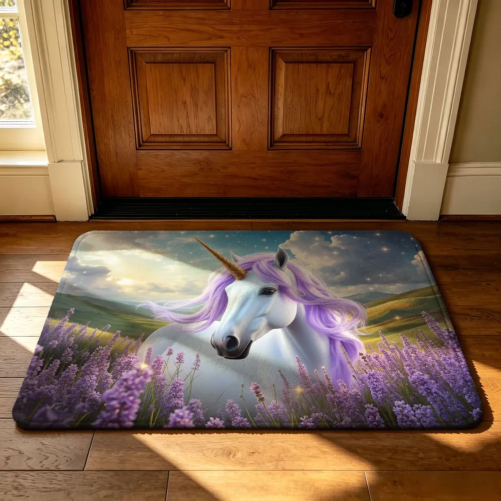 Tapis d'entrée licorne de rêve, 1 pièce, en flanelle, points en silicone, plastique, antidérapant, décoration de maison à la mode, pour porte d'entrée