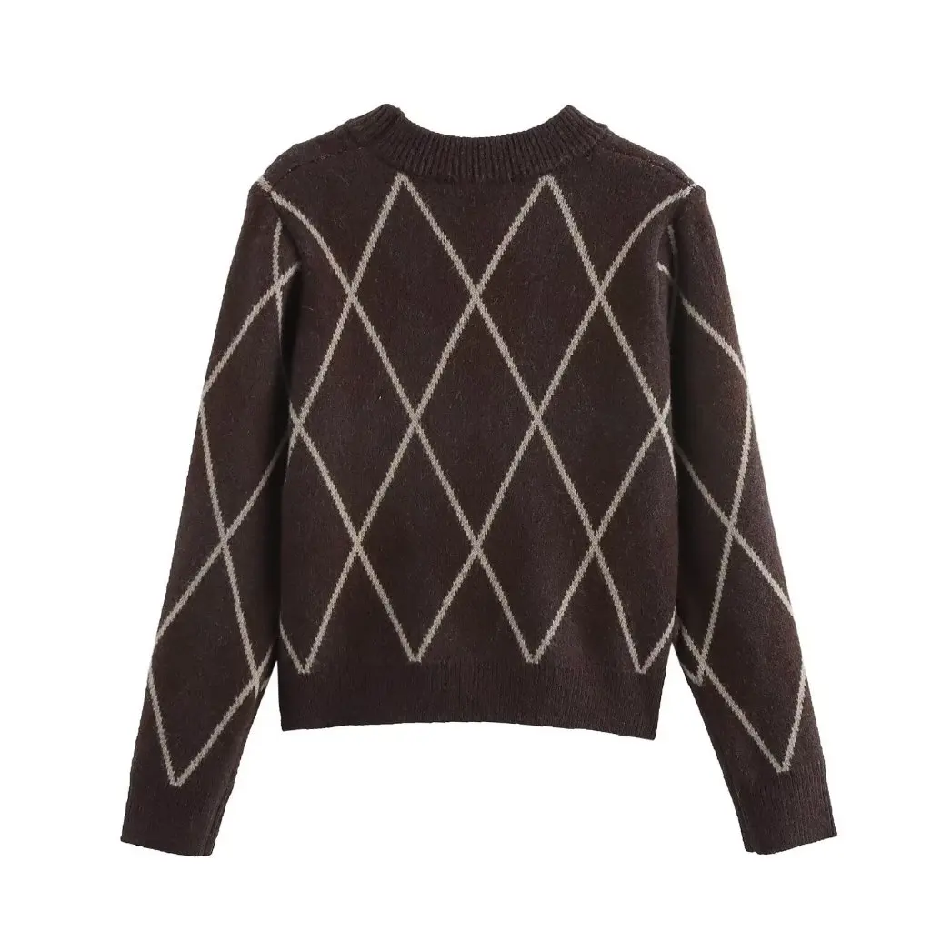 

European And American Fashion Joker Diamond-Shaped Long Sleeve Knitted Pullover Top for Women Spring Autumn New K16157