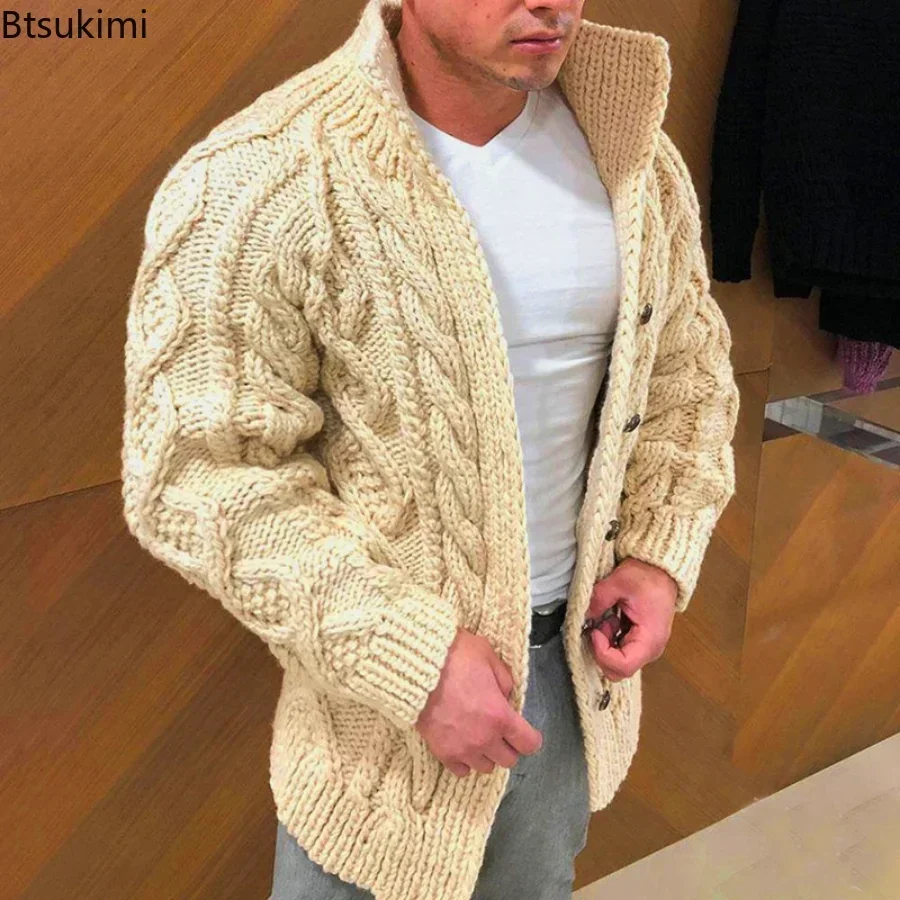 

Autumn Winter Men's Jacquard Knitted Sweater Fashion Warm Solid Stand Collar Button Up Cardigan Jacket Male Casual Sweater Coats