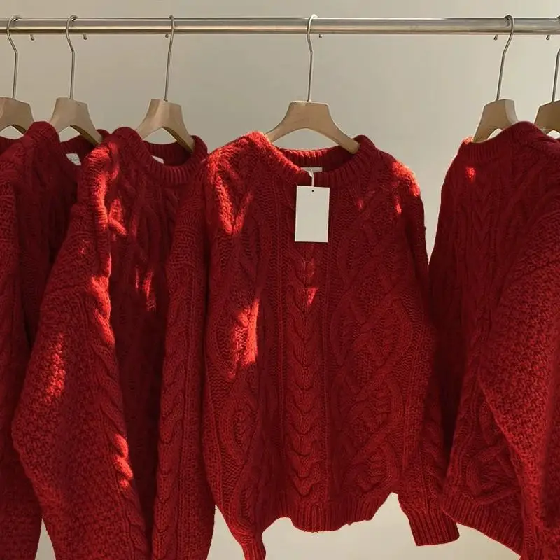 

Thiened Fried Dough Twists Knitting Pullover Medium Long Sweater Women's Faion Autumn Season Polyester Fiber Long Sve