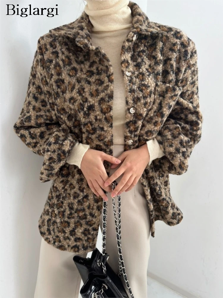 

Осенне-зимнее пальто-рубашка с леопардовым принтом, женское винтажное твидовое женское пальто с длинными рукавами, повседневное свободное длинное женское пальто, куртка