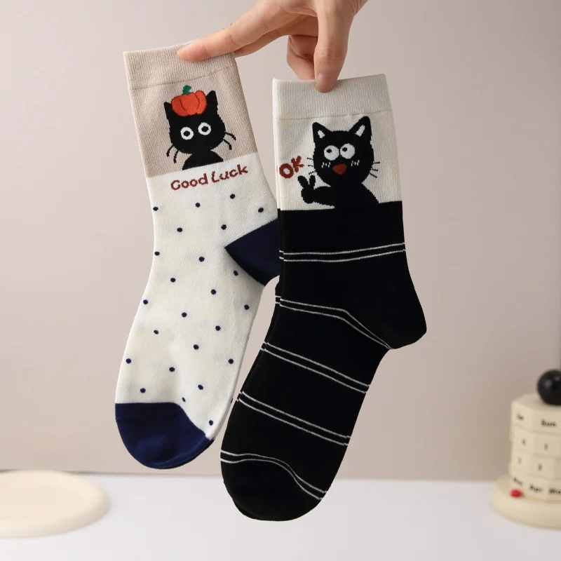 Dreamlikelin 1/4 Pairs Fashion Spring Summer Women Socks Cartoon Cat Print Casual Girls Middle Tube Socks