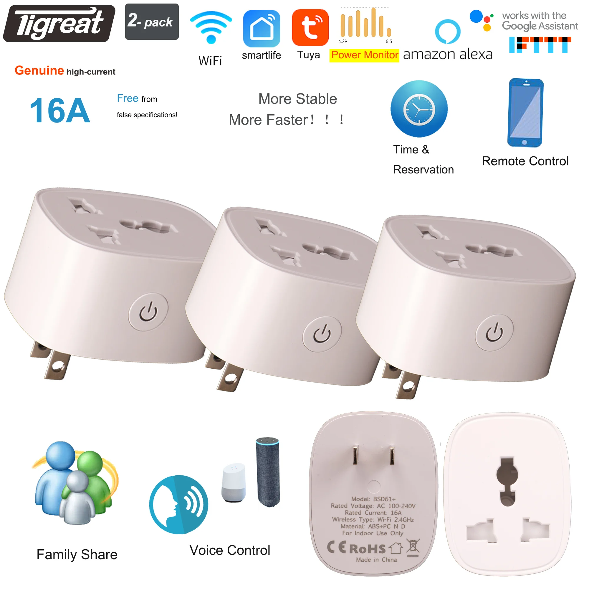 

Универсальная интеллектуальная вилка Tigreat Wi-Fi, 16A-WiFi-таймер/голос/дистанционное управление-Tuya/SmartLife/Alexa/Ifttt/Google Розетка для домашней автоматизации