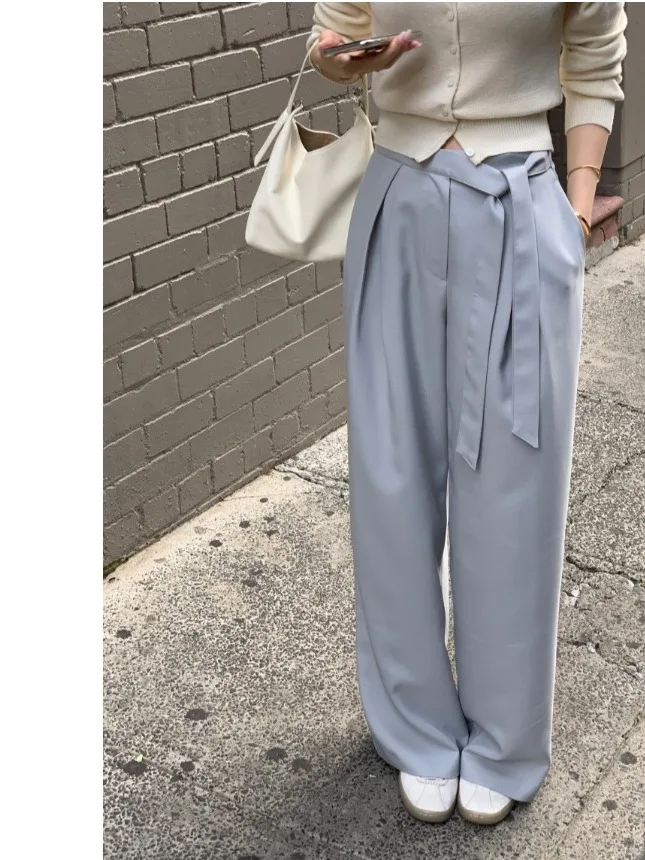 

Корейские повседневные брюки для женщин, весна 2026, модные широкие брюки с поясом, универсальные, с высокой талией, длинные брюки