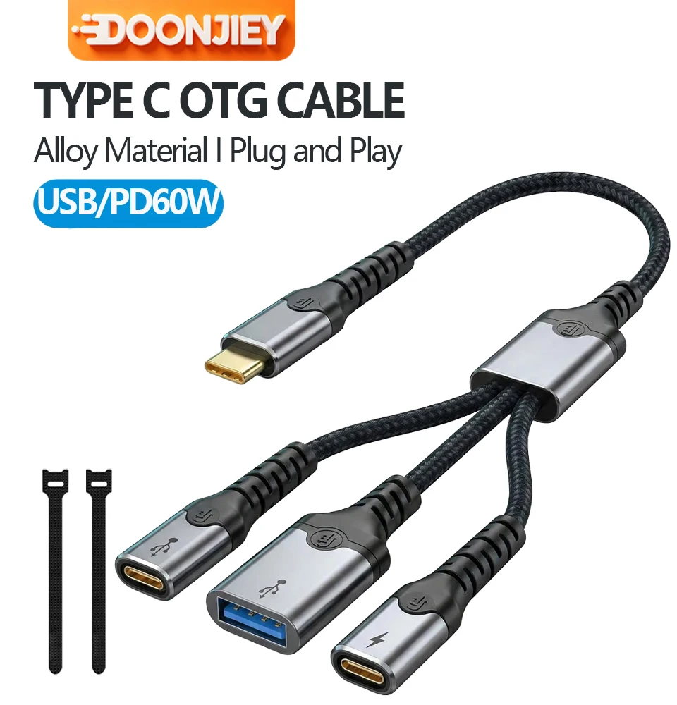 USB C OTG Adapter, 3-in-1 TYPE C Splitter with 60W PD Fast Charging USB-C Male to Dual Female And USB A Female Adapter Cable