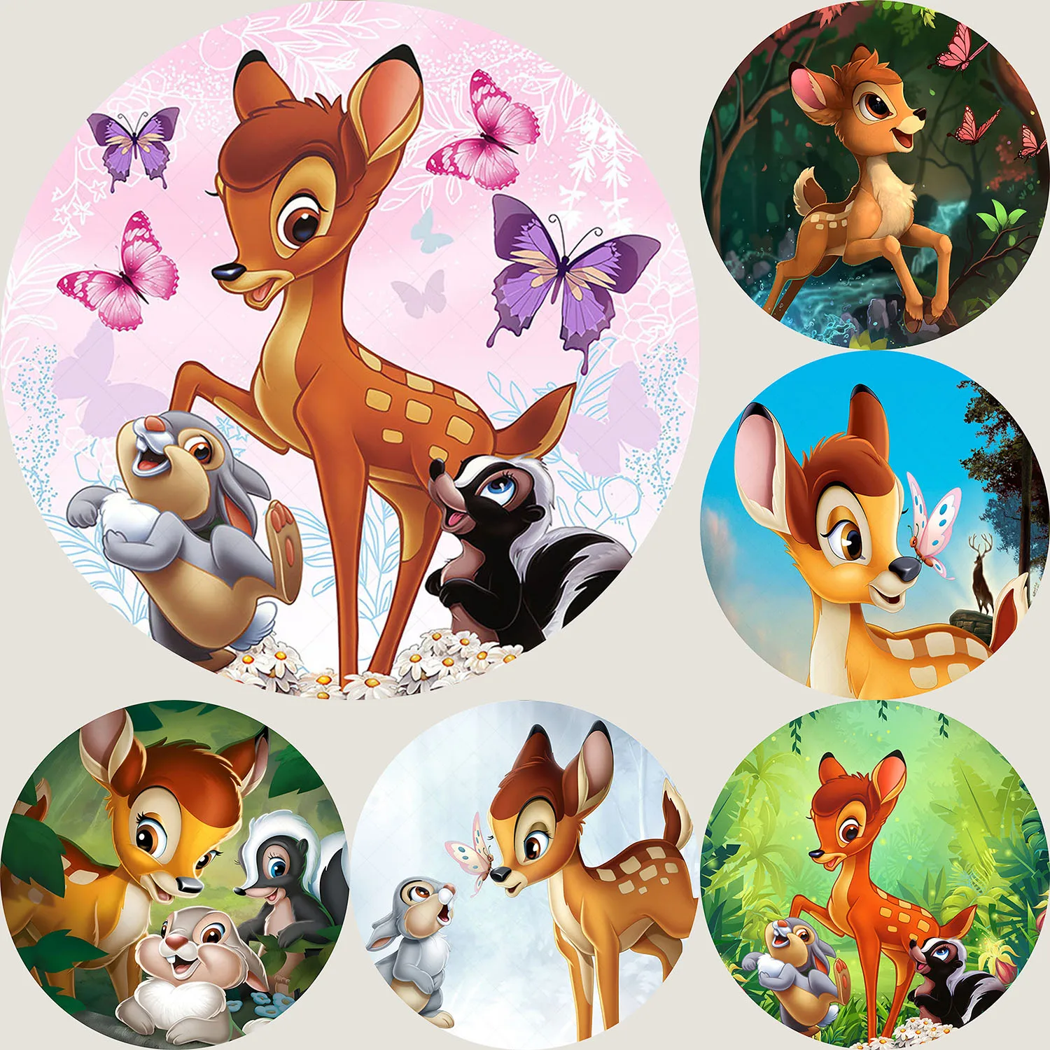 Round Bambi Deer Backdrop Kids Birthday Photography Background Jungle Safari Circle Surface Banner Decoration Props