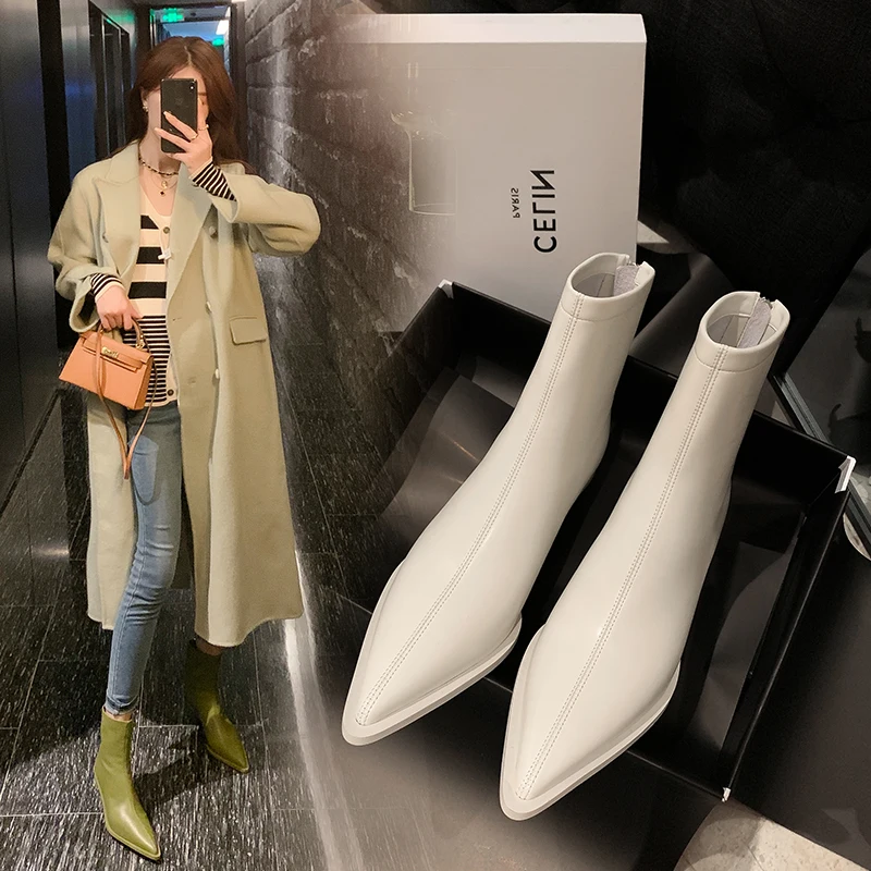 2026 autumn winter natural leather women ankle boots 22-24.5cm cowhide+pigskin pointed toe high heel back zip women short boots