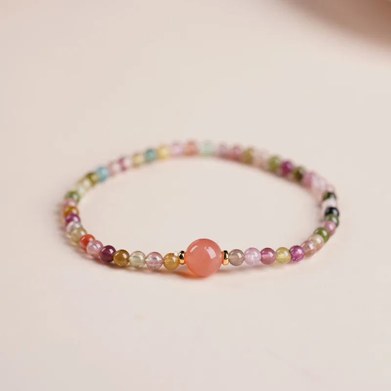 

925 Sterling Silver Colorful Tourmaline Salt Source Bead Bracelet Women's Simple Handmade Elongate Rope National Style Hand Rope