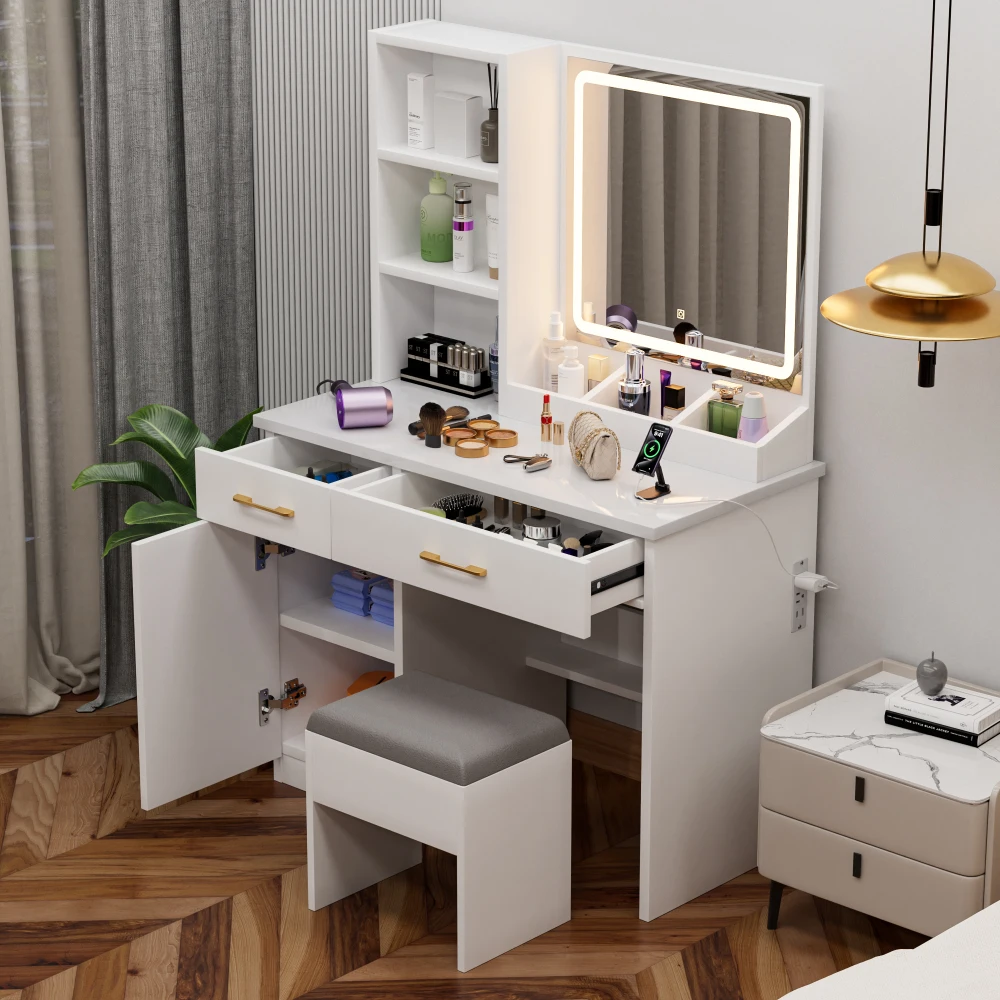 

32'' Wide Makeup Vanity Desk with Lighted Mirror and Power Outlet,Large Storage Space and Cushioned Stool for Bedroom & Studio