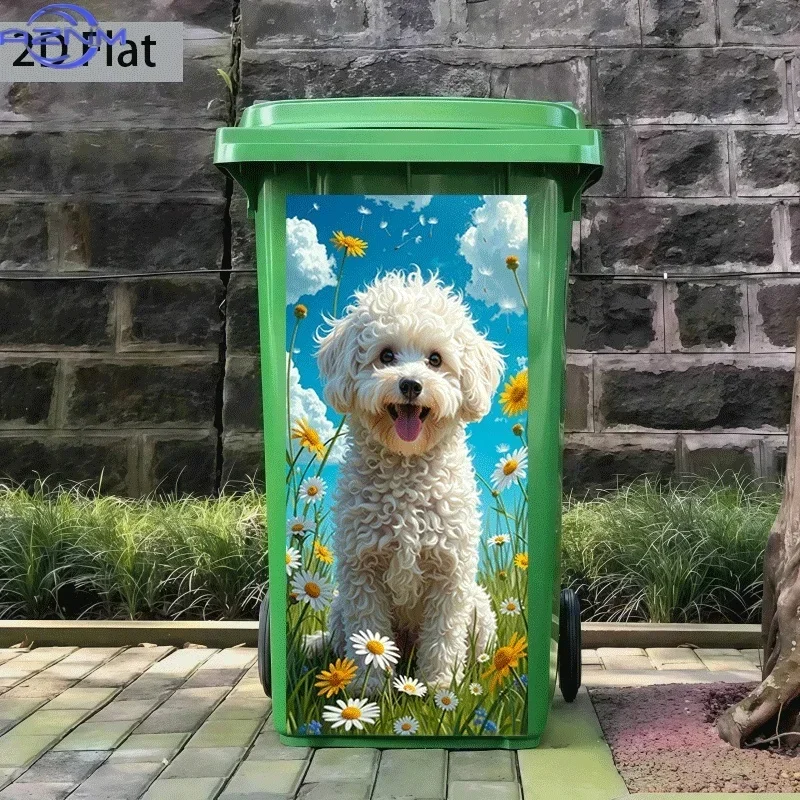 2D 1PCof  Flat Printed Sticker for a Trash Can, Measuring  Featuring a Cute Dog Among Flowers. This Self-Adhesive Wall Decorat