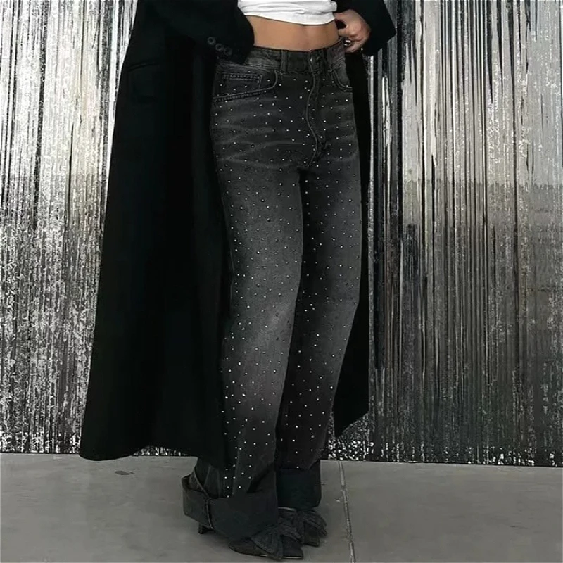 

2026 Jeans Wide Leg Pants Women Vintage Floor Length Low Waist Diamonds Trousers Washed Distressed Pockets Y2k Streetwear Denims