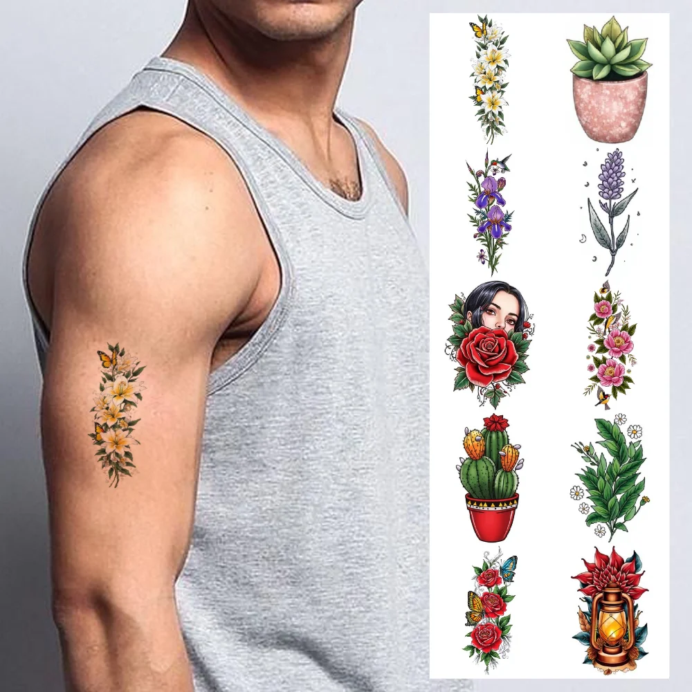 

28pcs Temporary Tattoo Leafy Plant Temporary Tattoo Stickers Sunflower Tattoo Lily Flowers For Chest Shoulders Men