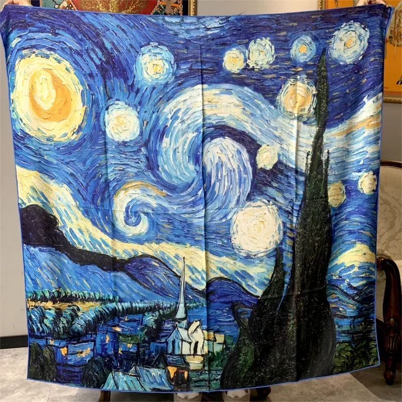 High-end Elegant Female Monet's Starry Sky Oil Painting Double-sided Print Quality Silk Wool Hand-rolled Edge Large Scarf Shawl