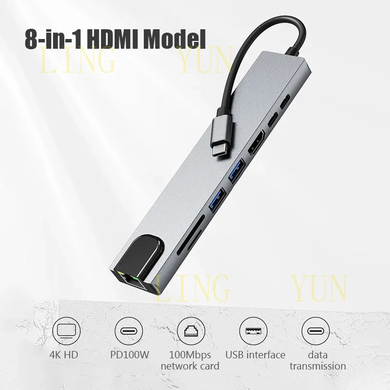 

USB-хаб Z 8-в-1 Type-C 3.1 с адаптером HDMI 4K, RJ45, кардридером SD/TF и поддержкой PD