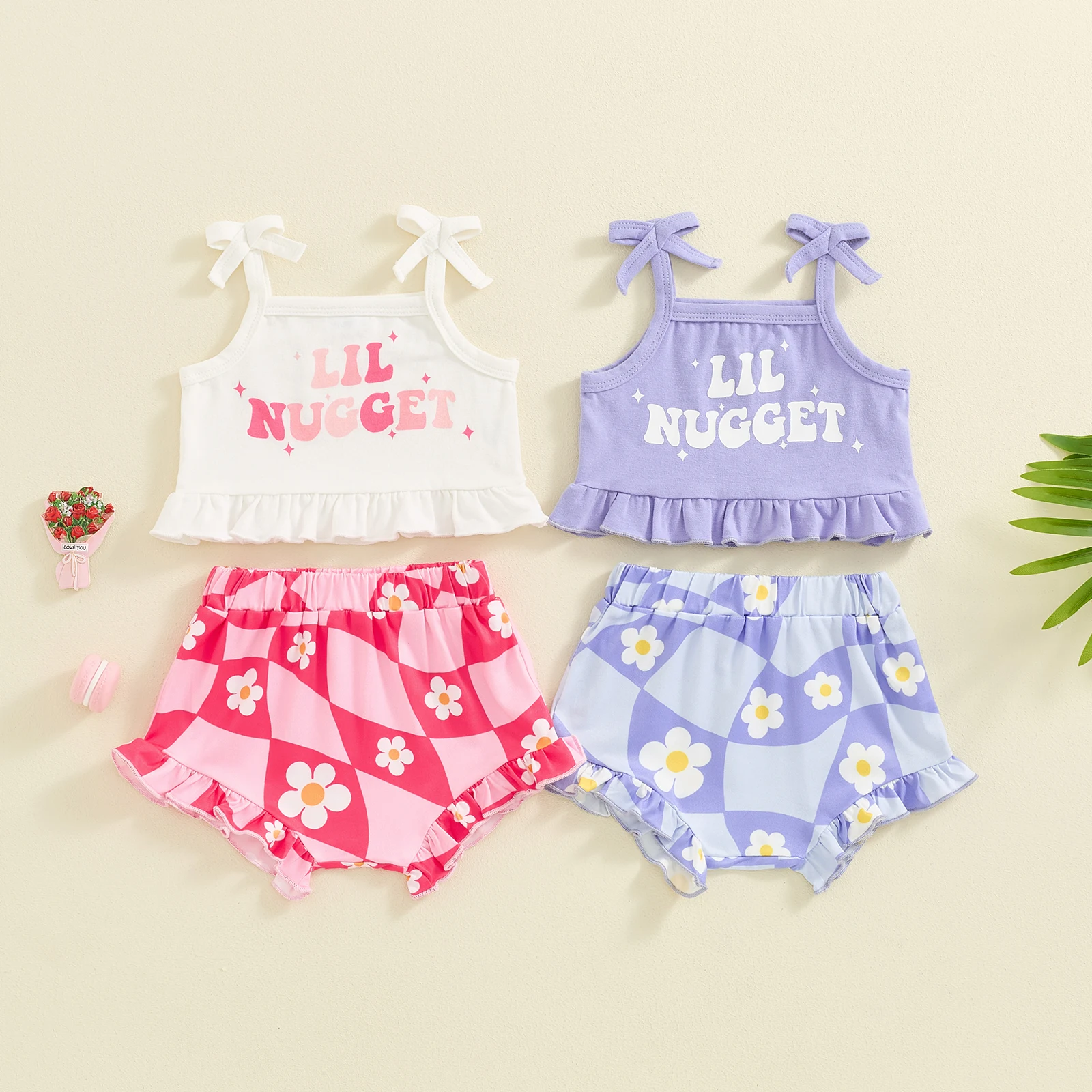 Baby Girls Shorts Set Spaghetti Straps Rainbow Print Camisole with Elastic Waist Shorts Summer Outfit Children's Clothing