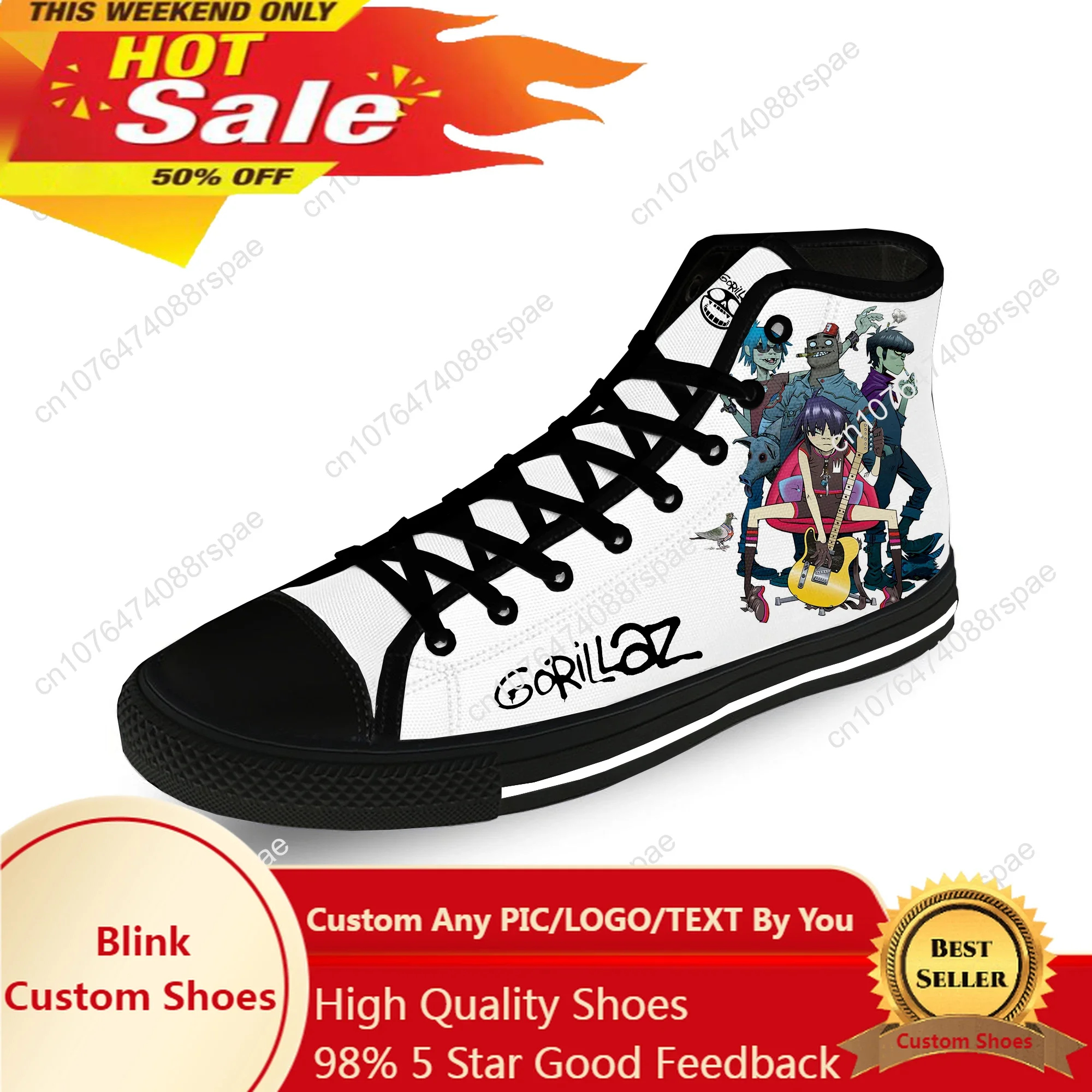 Sapatos de lona alta para homens e mulheres, Gorillaz Rock Band Chakari, tênis leve respirável, moda pano casual legal, estampa 3D