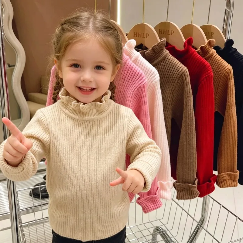 Kids Girls Ruffle Sweaters New Children Thin Knitted Tops Autumn Winter Cotton Pullovers Pink Turtleneck Tops Korean Style Warm