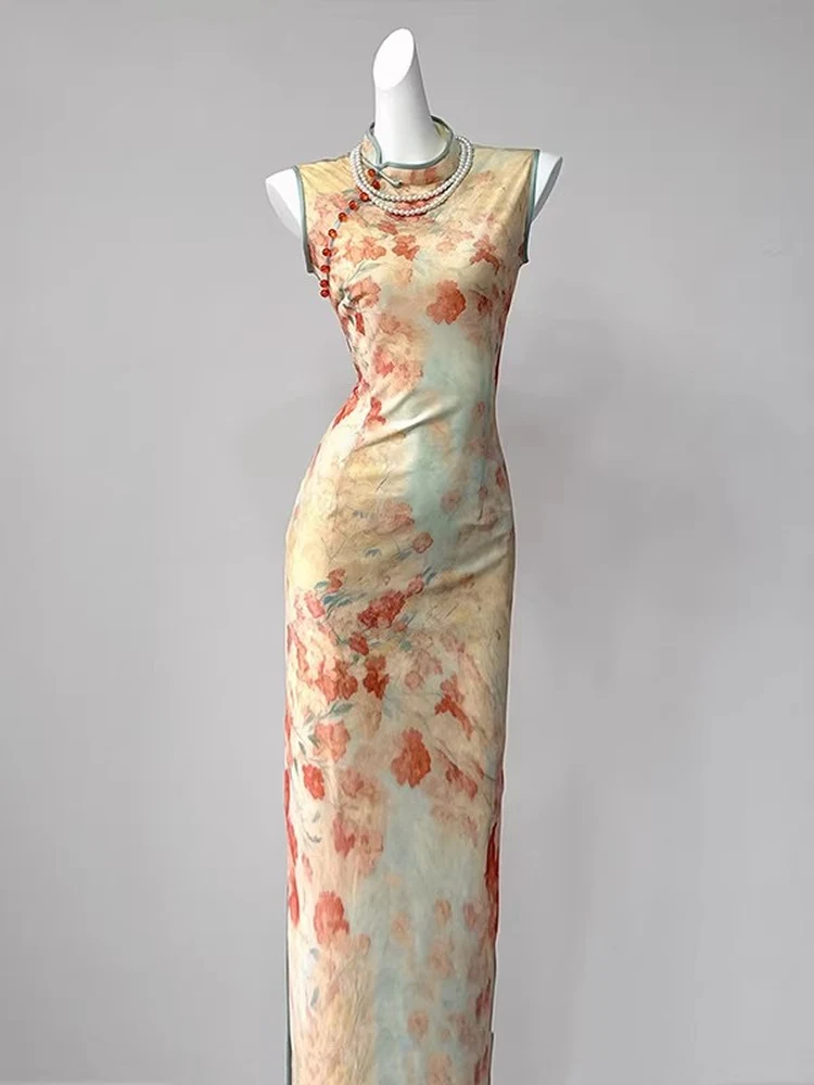 Stunning New Chinese Style  Wrap Waist Long Dress Breathable Floral Patterned Polyester Fiber Vintage Aesthetic