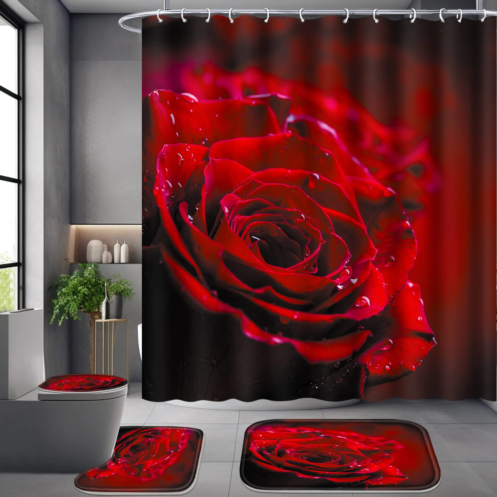 4 Pcs Shower Curtain Set, Rose Bathroom Set,Romantic Shower Curtain Sets with Rugs(Bath Mat,U Shape and Toilet Lid Cover Mat)