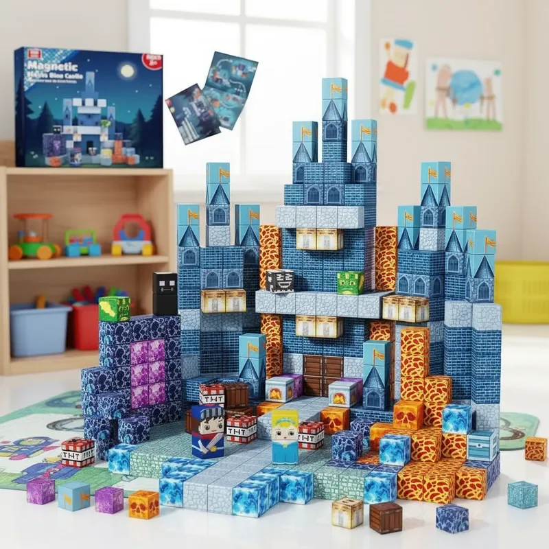 창의적인 DIY 자석 블록 100개 무료 조립 블루 캐슬 3D 장식 어린이 STEM 장난감 휴일 선물 빌딩 세트 고급 상자