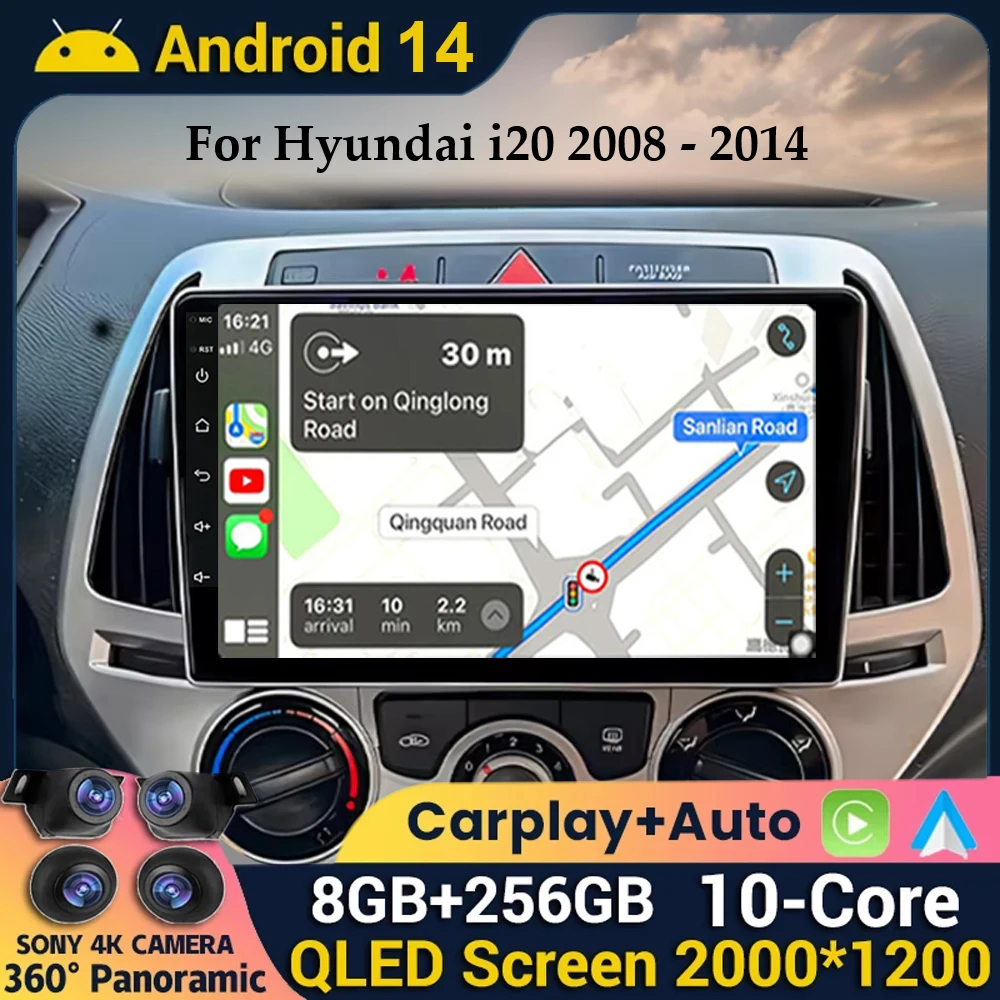 

Автомобильный радиоприемник Carplay, Android 14, для Hyundai i20 2008 2009 2010 2011 2012 2013 2014, стерео навигатор, GPS, мультимедийный плеер WIFI + 4G