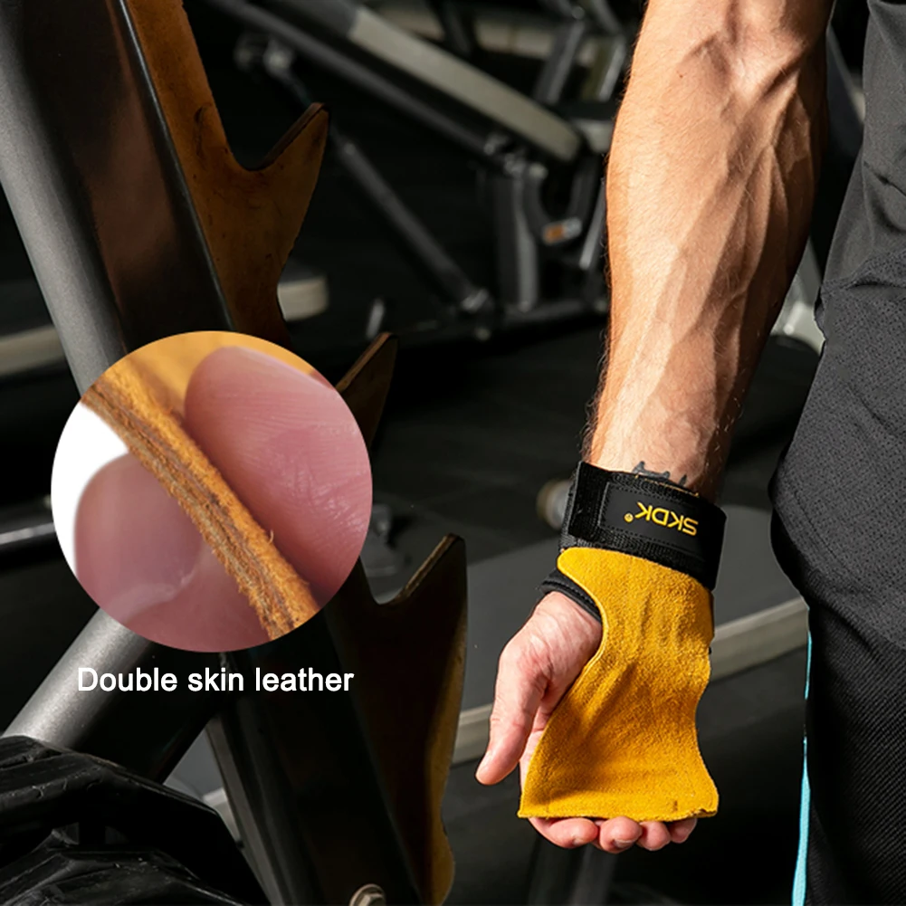 SKDK 1Pair Cowhide Gym Gloves Grips Anti-Skid Weight Lifting Grip Pads Deadlifts Workout Fitness Gloves Palm Protection