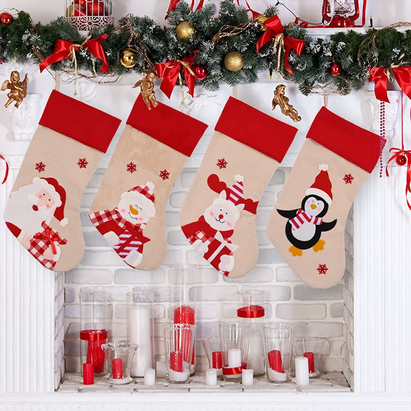 

Christmas Stocking Decoration Red Border Imitation Linen Cartoon Print Christmas Socks Christmas Tree Children New Year Gift