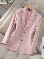 Gray Pink Coffee Plaid Women Blazer Ladies Long Sleeve Female Slim Casual Jacket For Autumn Winter