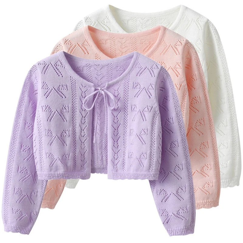 

Ribbons and Bow Knot Knit Sweater for Girls Cotton Lightweight Summer Children's Cardigan Wrapcoat