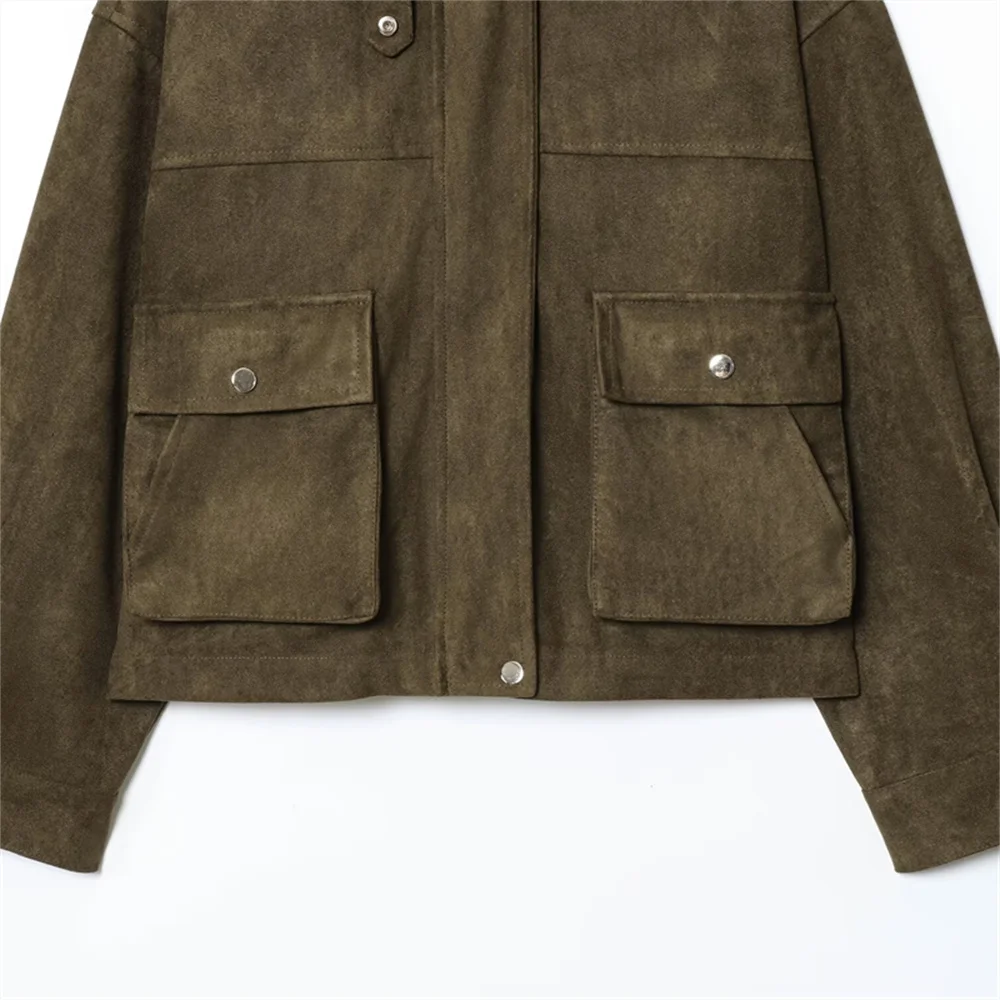 أزياء نسائية جديدة غير رسمية فضفاضة نمط ملابس العمل مع جيوب كبيرة وسترة طيار جلدية بسحاب #6