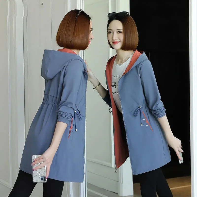 New Fashion Double-Sided Wear Trench Coat Women Mid-Longth Spring Autumn High Quality Hooded Windbreakers Female Tops Outerwear