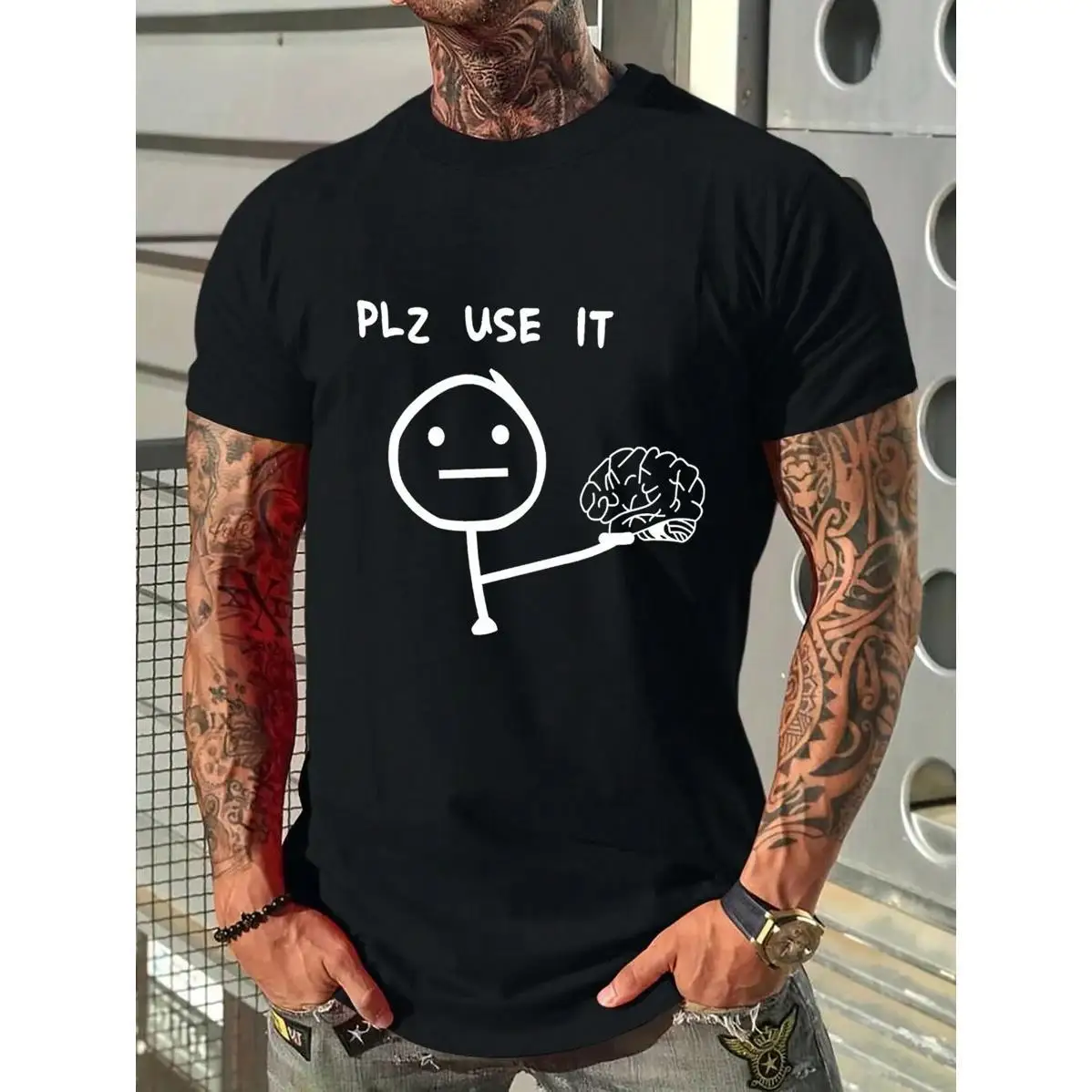 

Funny Graphic T-Shirt Men’s Plz Use It Stick Figure Brain Print Casual Streetwear Oversized Humor Tee S-3XL