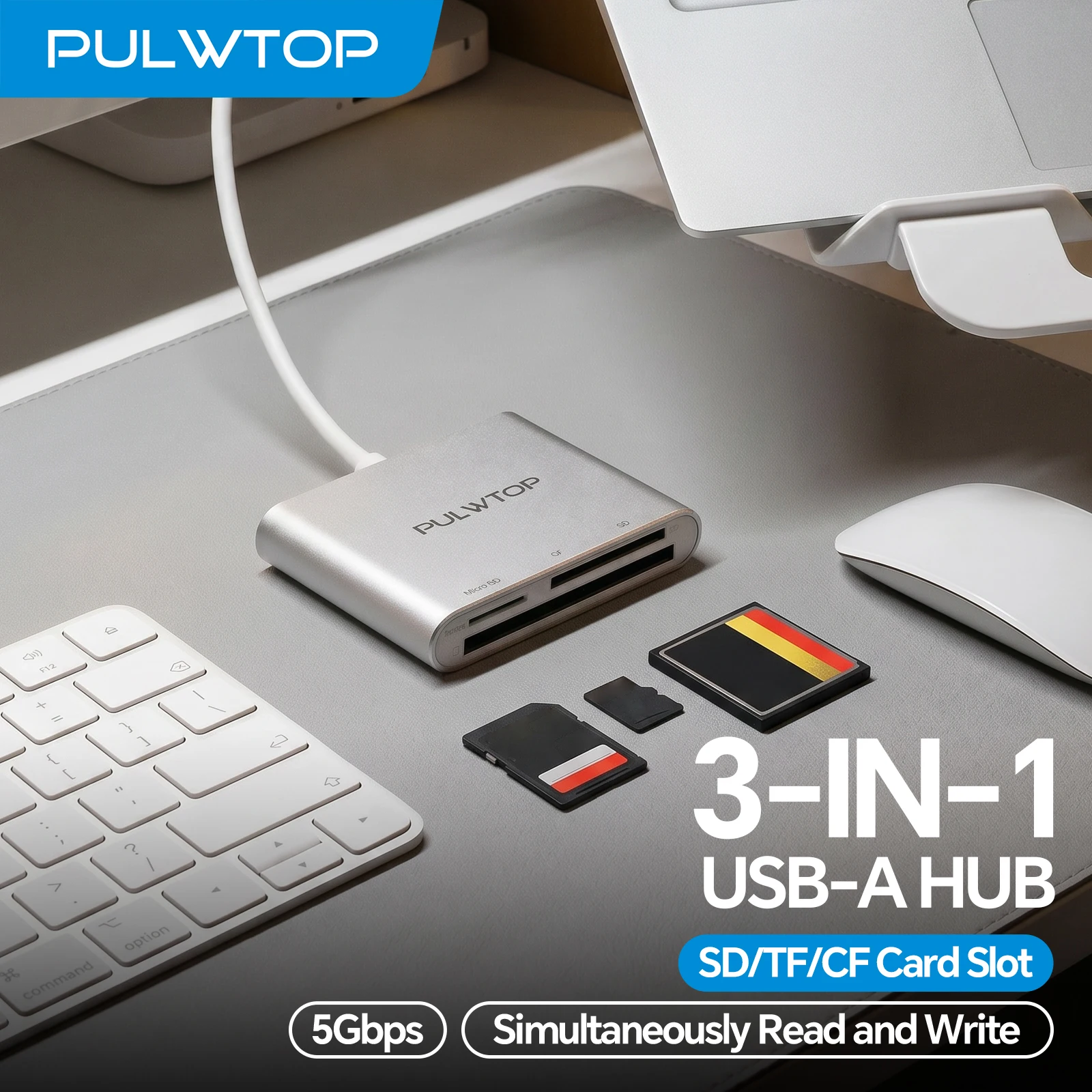 Lector de Tarjetas PULWTOP USB 3.0 a MicroSD/SD/CF, Adaptador USB-A 3 en 1, Compatible con SDHC, SDXC, MicroSD, Compact Flash