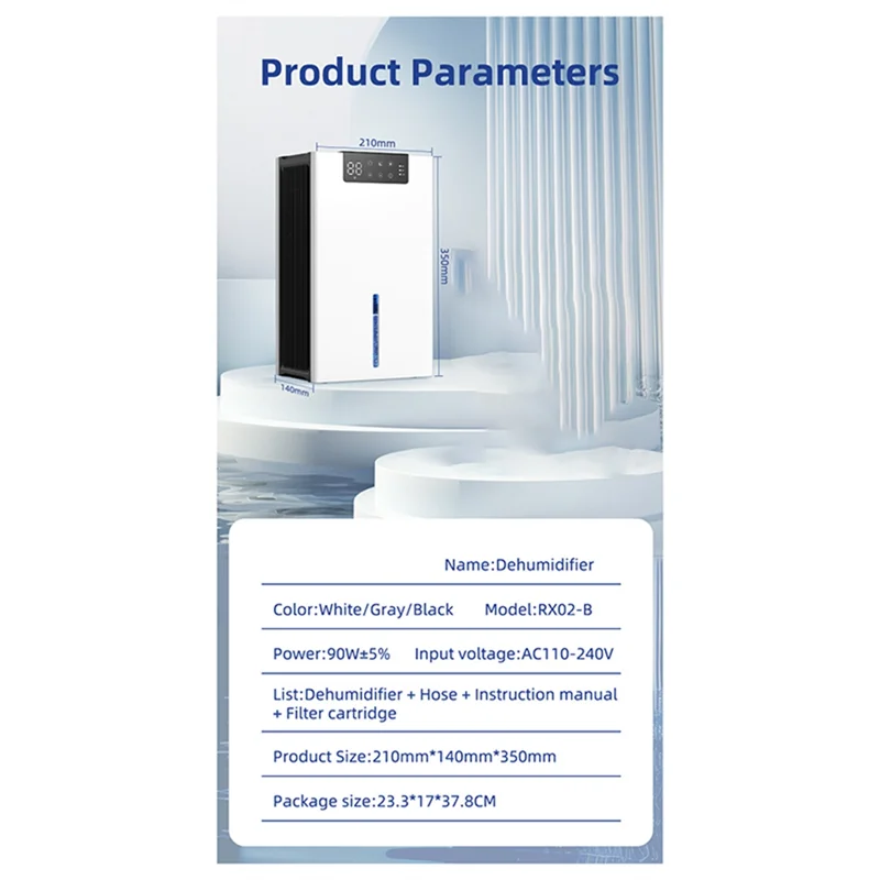 ABDJ-Dumidificatore domestico Serbatoio dell'acqua da 2,4 litri A prova di umidità Essiccatore d'aria Purificazione interna Rimozione dell'umidità Acqua Arresto completo