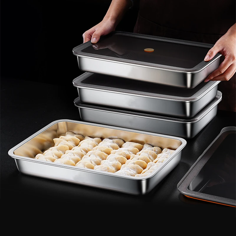 

Luxury Transparency PP Cover Air Exhaust Fridge Storage Tray LFGB Certificate 304 Stainless Steel Food Fresh Keeping Box Case