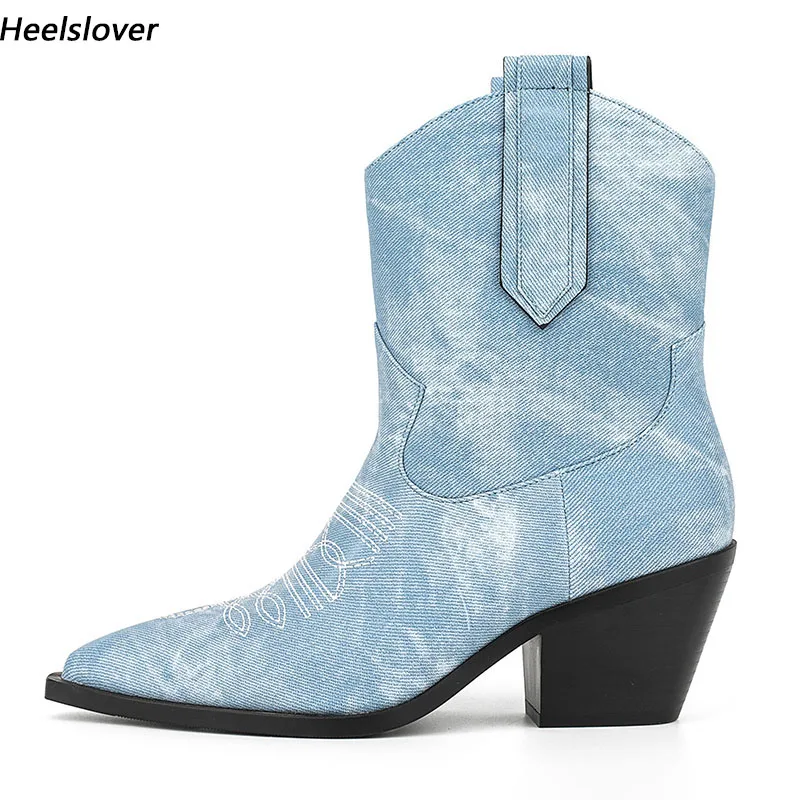

Ahhlsion Women Winter Ankle Boots Unisex Denim Chunky Heels Pointed Toe Pretty Light Blue Party Shoes US Plus Size 5-13