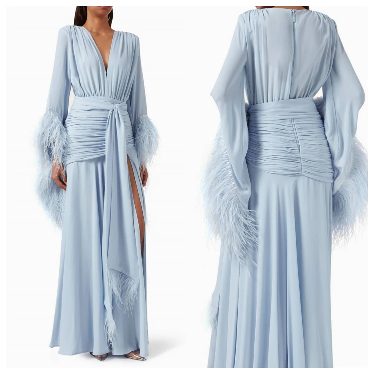 

Customized Fashion Blue Chiffon Evening Dress V-Neck Long Sleeves Homecoming Dress Vestido De Festa Feathers High Quality