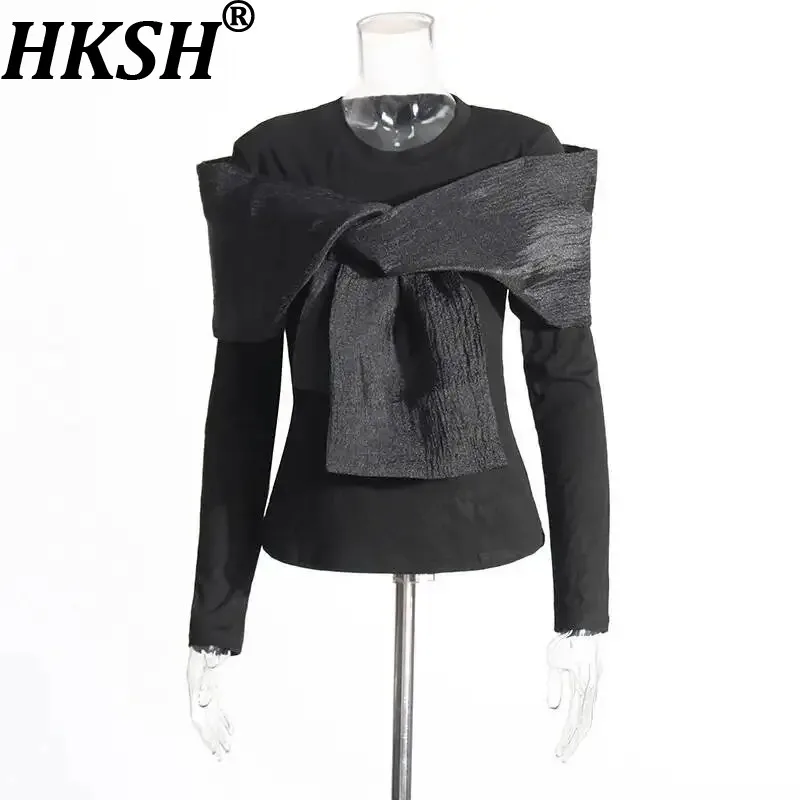 HKSH Women T-shirt Fashion Cross Bow Patchwork Design Streetwear Casual Dark Style Punk Niche Chic O-Neck Long Sleeve Top HK9434
