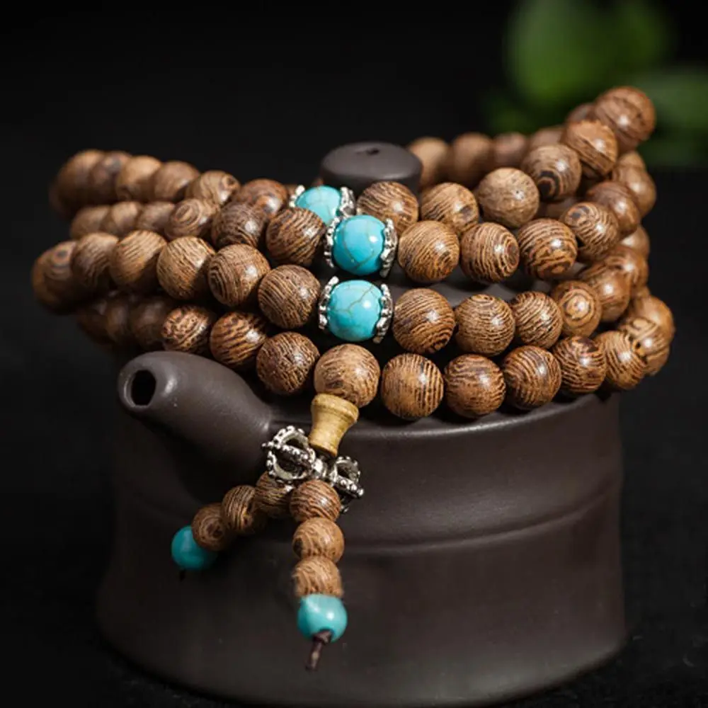 Stone Wood 108 Tibetan Rosary Beads Wenge Turquoise Bracelet Buddhist