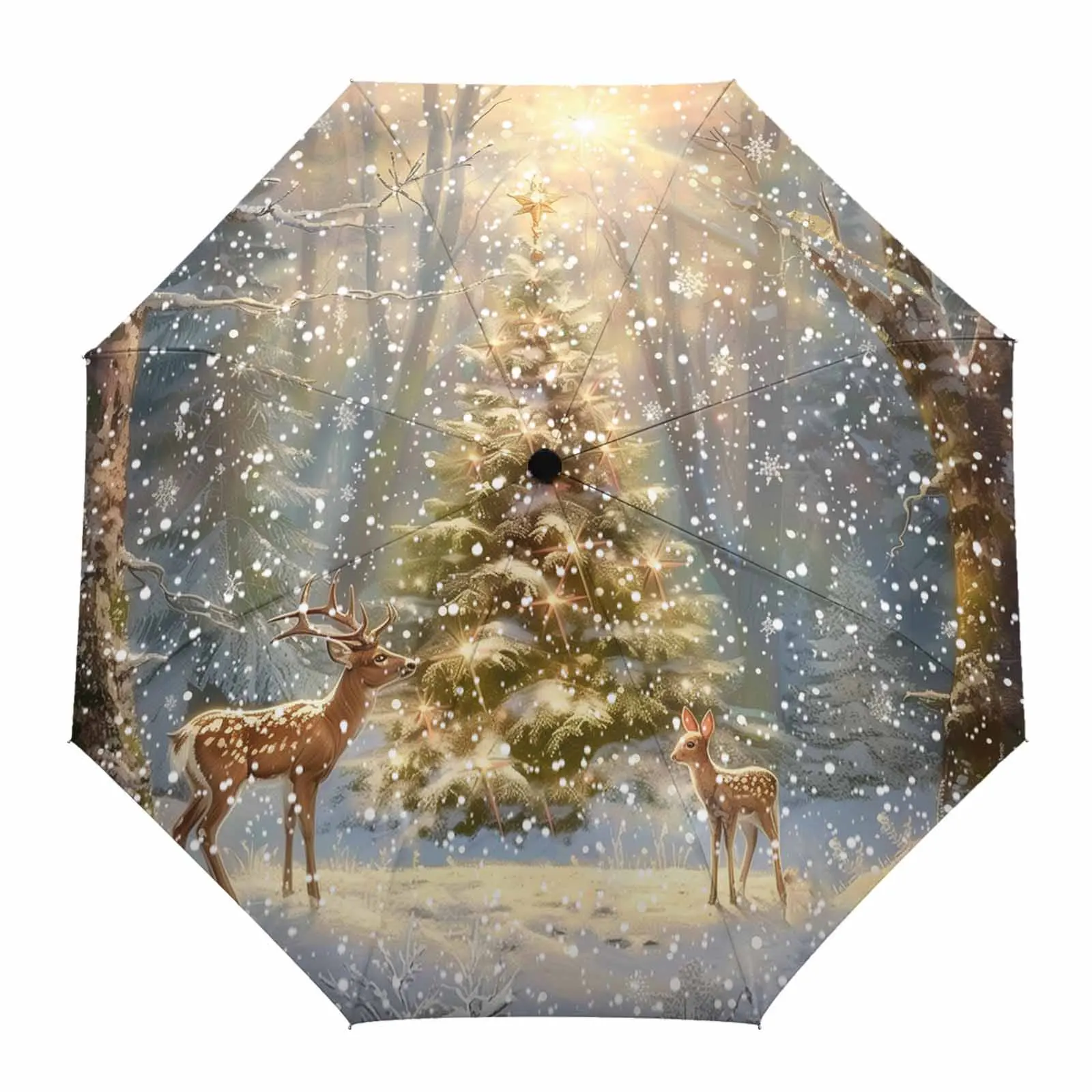 Christmas Snow Scenery Snowflakes Trees Deer Fully-automatic Umbrella for Outdoor Adults Umbrella Foldable Eight Strand Umbrella