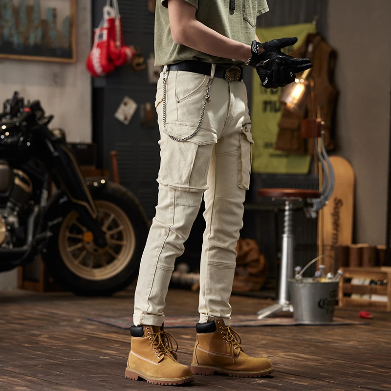 Beige Motorcycle Jeans Men's Business Shirt Fashionable Slim-Fit Stretch Multi-Pocket Fashionable Casual Motorcycle Trousers