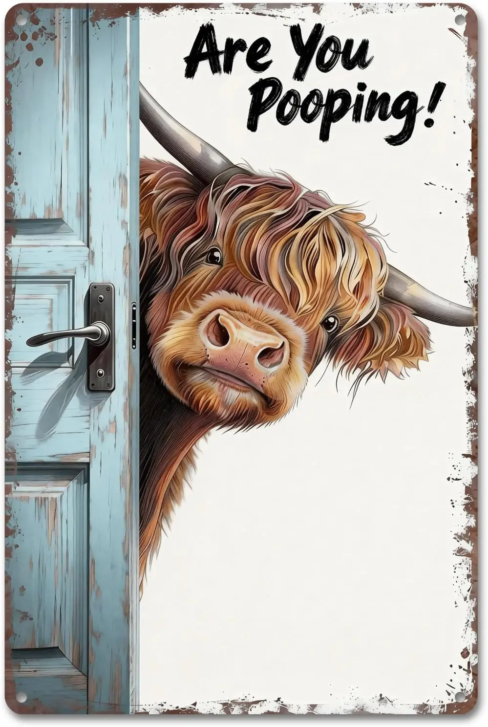 Funny Highland Cow Bathroom Sign - Are You Pooping Metal Tin Wall Art - Rustic Farmhouse Restroom Decor, Gag Gifts  （26002）--Tin