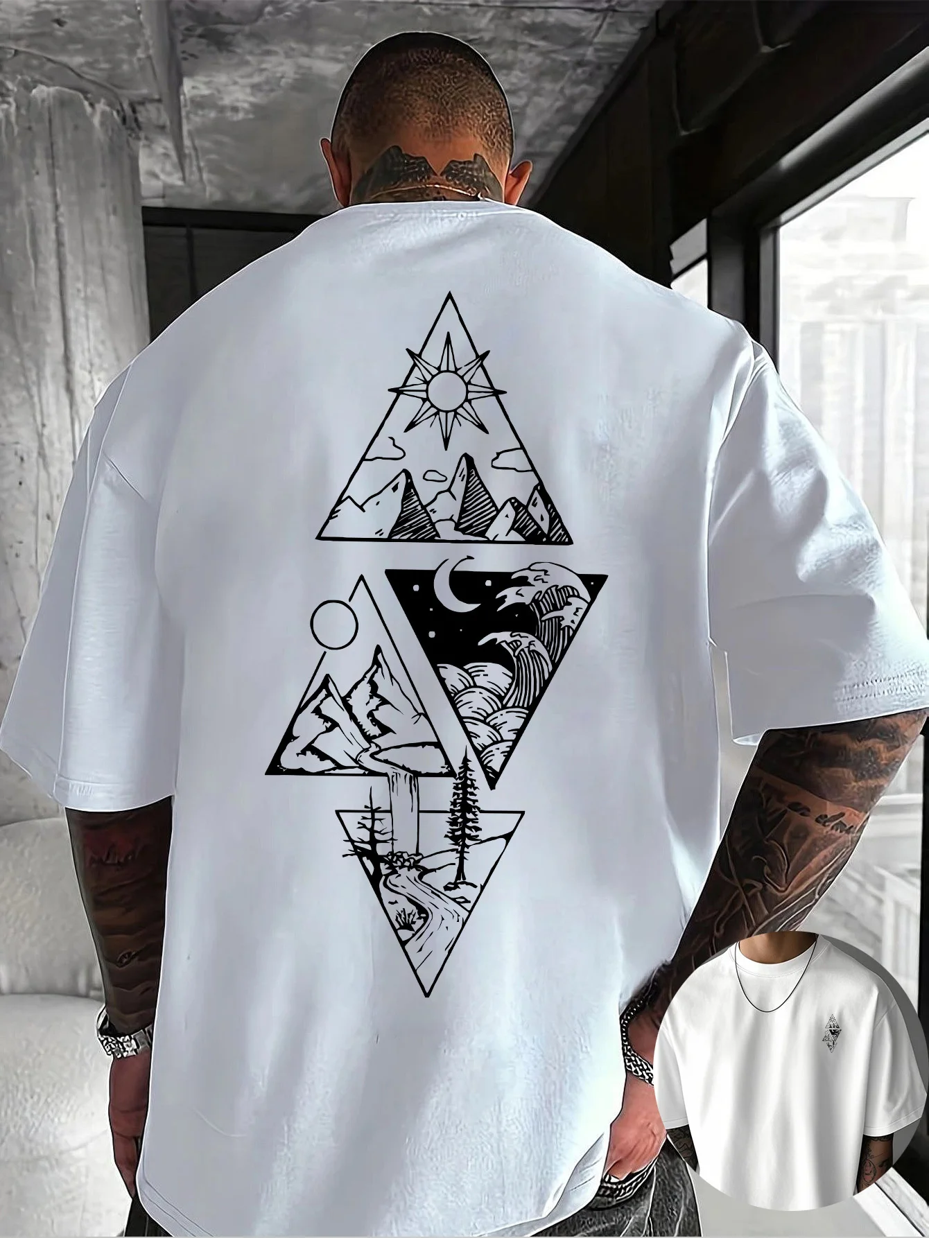 Men's Creative Front and Back Pattern Printed Crew-neck T-shirt 100% Cotton Summer Trendy Short-sleeved Casual Daily Style Top