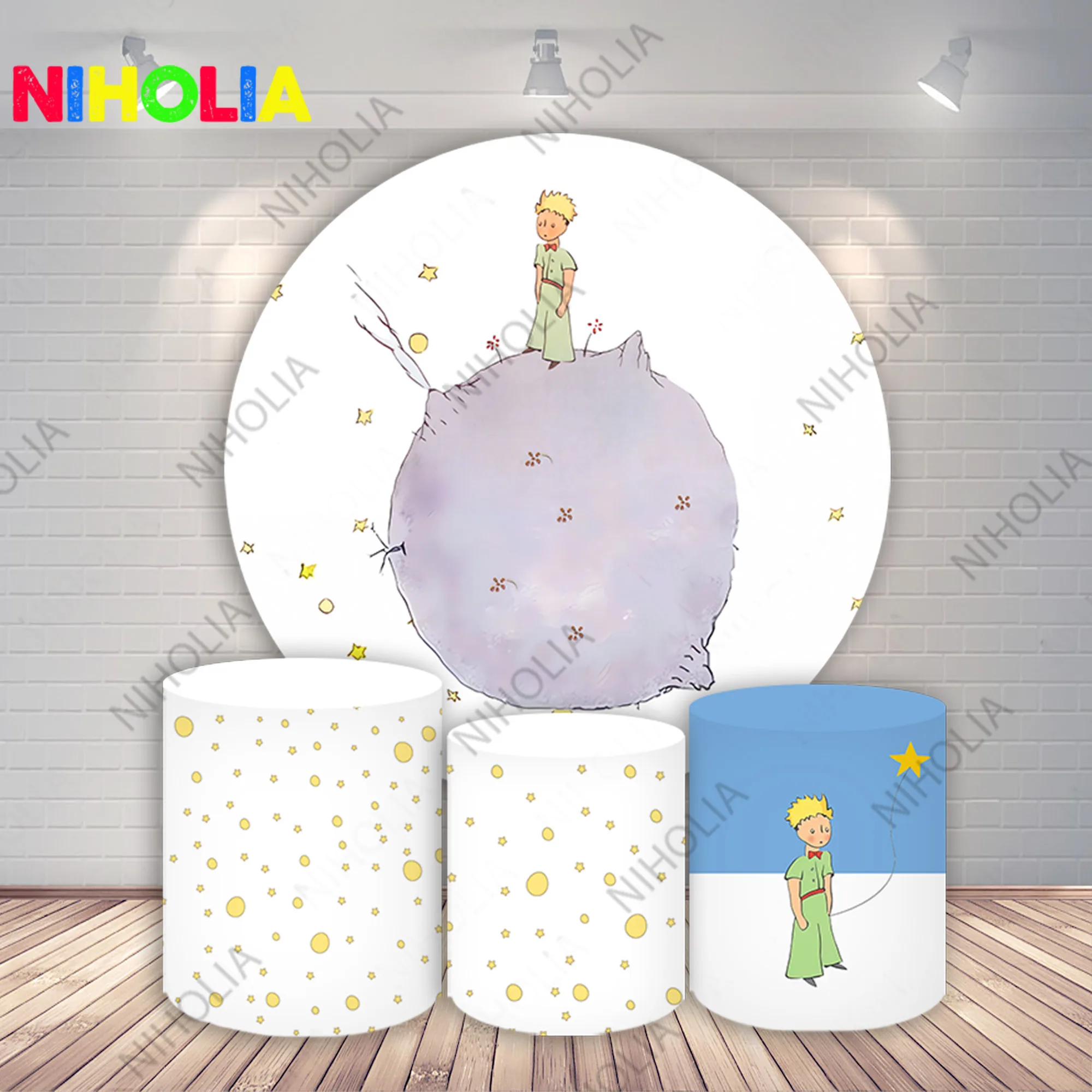 Niholia Little Prince Round Photo Backdrop Kids Birthday Party Baby Shower Decoration Cylinder Covers For Cake Table