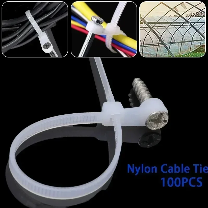100pcs Nylon Cable Ties with Screw Hole Mount Self Locking Loop Wrap Bundle Ties Strap DIY Office Cables Wire Fasten Organizer