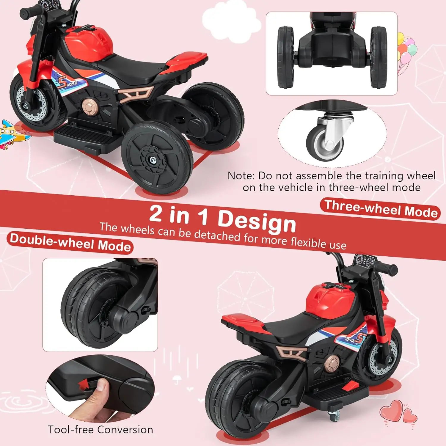 Ride On Motorcycle, 3-wiel peutermotorfiets met LED-licht, muziek, voetpedaal, vooruit/achteruit, uitbreidbaar achterwiel, 6V Ba