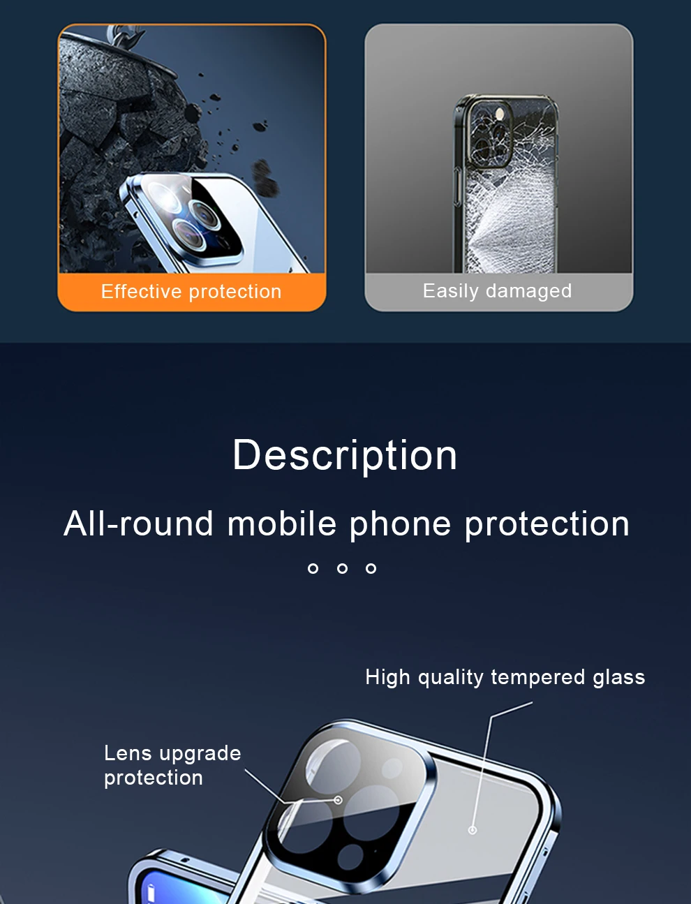 360 ° Vollständiger Schutz aus Metall, magnetisch, doppelseitig, Glas-Snap-Lock-Hülle für iPhone 16 Pro Max, 14, 12, 11, 13, 15 Pro Max, Stoßstangenabdeckung – Detail 5