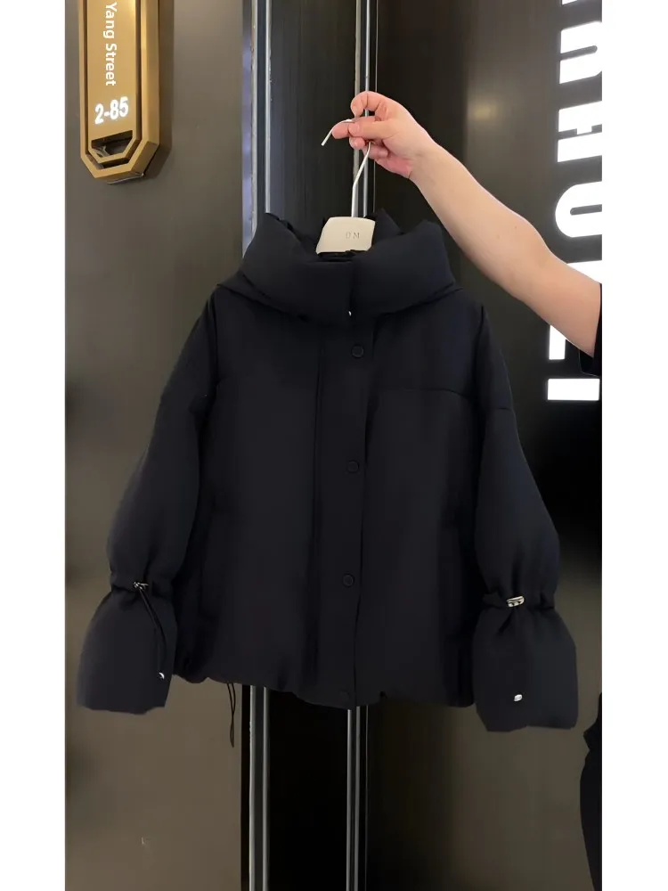 Black Hooded Single Button Short Cotton Jacket Women's Winter Thickened Parka Outerwear Loose Fit Korean Style Long Sleeve