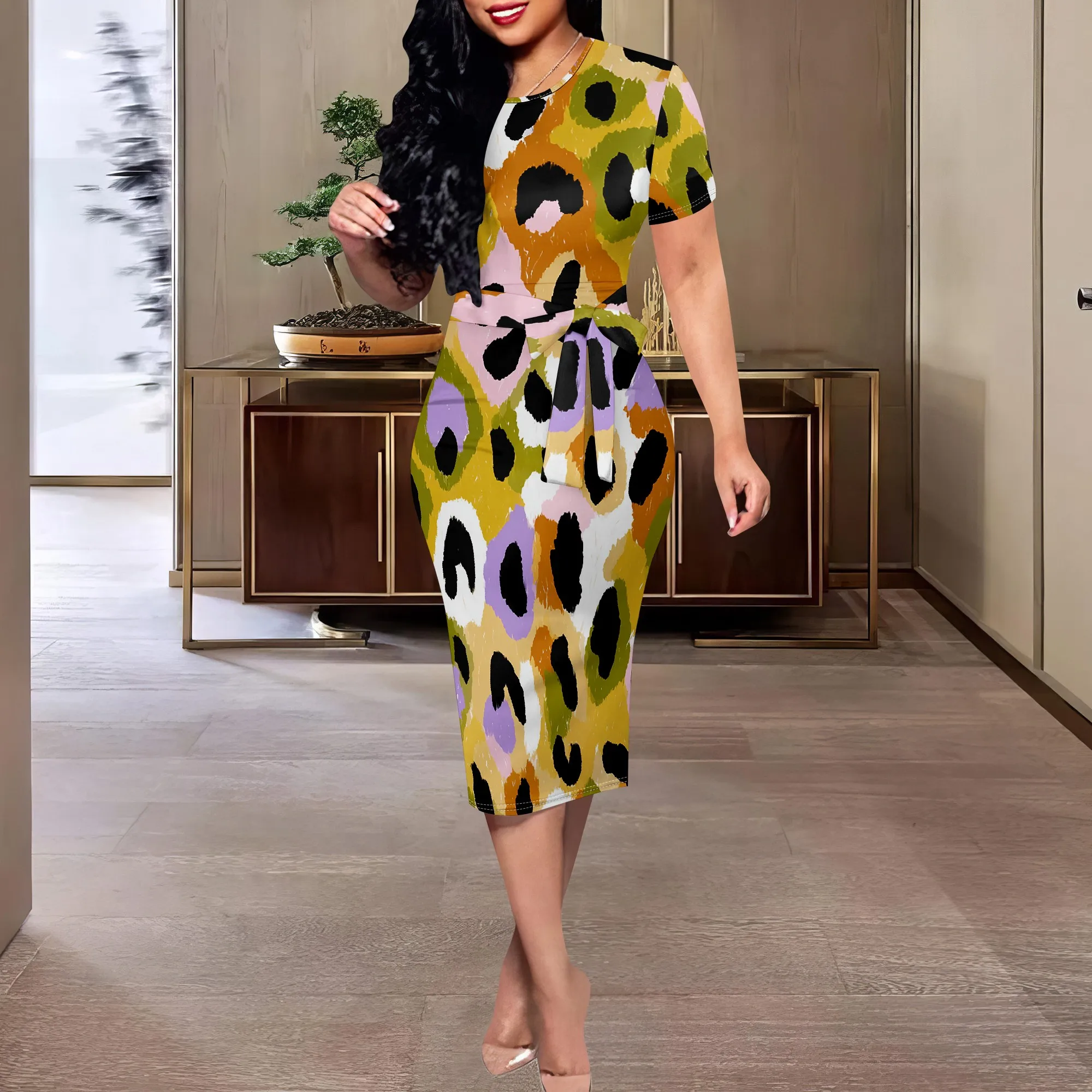 

Colorful Leopard Print Midi Dress XS-3XL Short Sleeve Belted Style for Summer Streetwear, Pride Month or Party Look